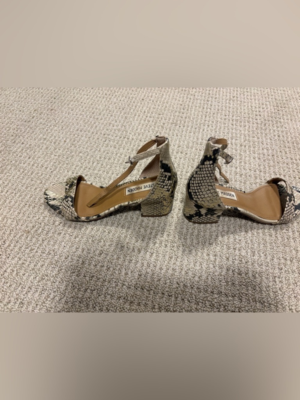 Steve Madden Beige and Black Snake-Print Ankle-Strap Block Heels